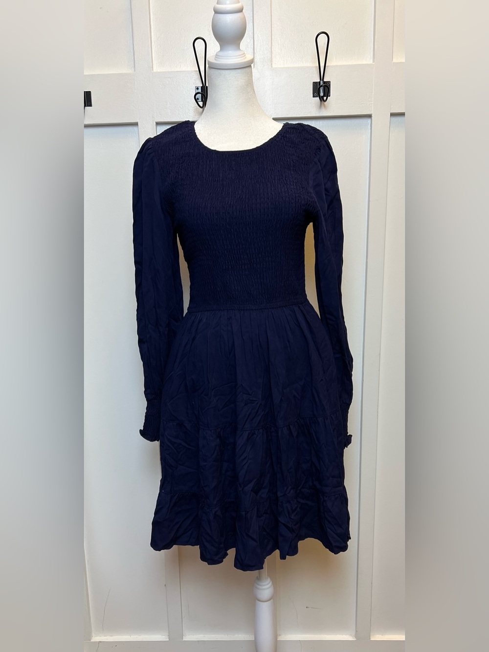 Merokeety Size Small Blue Smocked Tiered Midi Dress Long Sleeve Modest Wedding